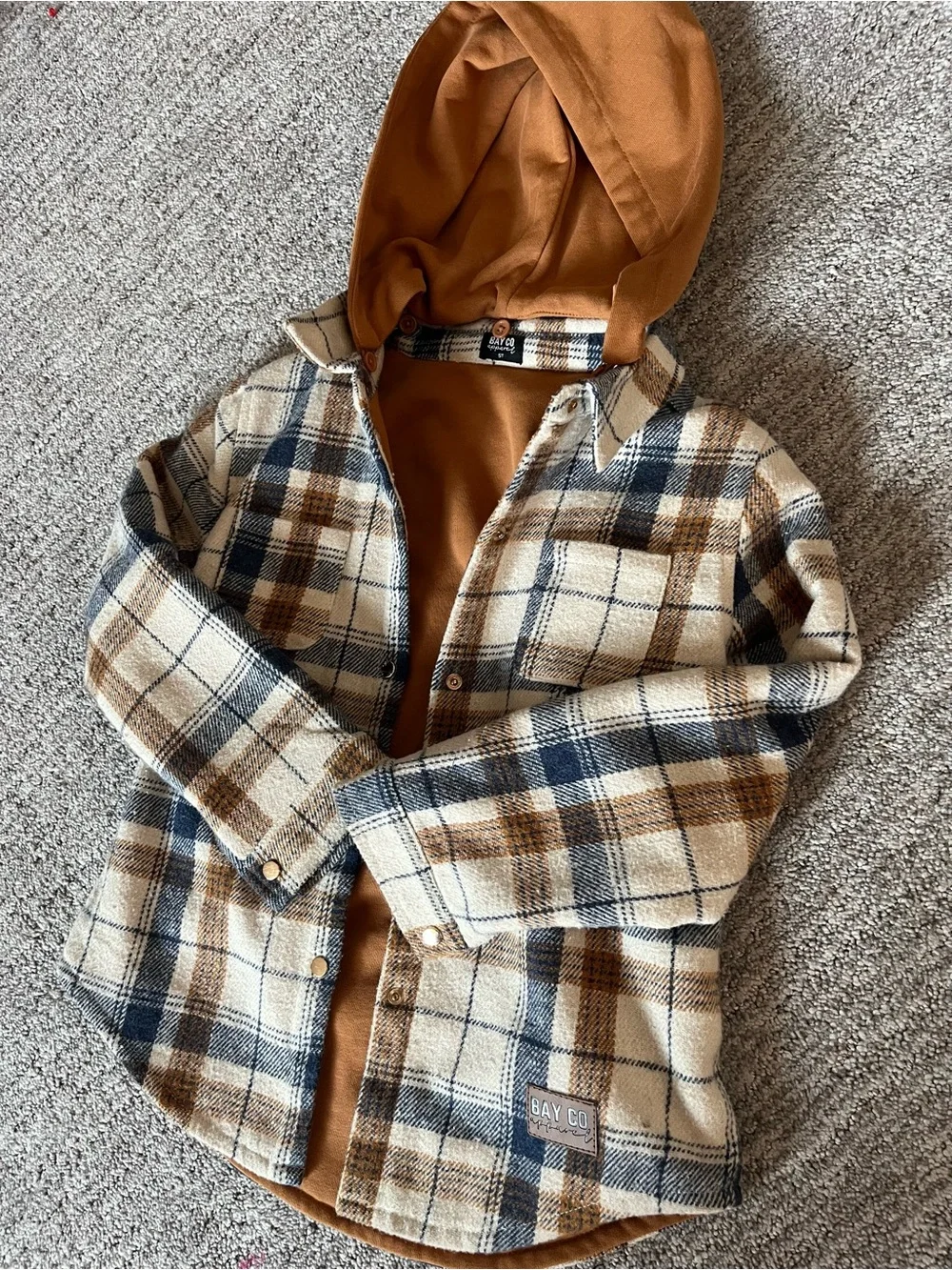 Bay Co. Plaid Hooded Shacket in Cream, Brown & Navy